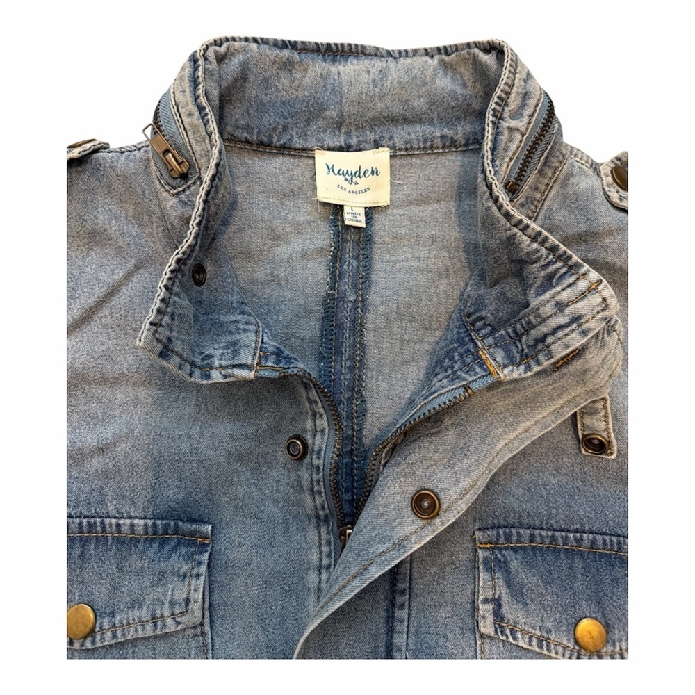 Hayden Los Angeles Distressed Wash Jean Jacket Zip and Button up Jacket size L - Picture 2 of 5